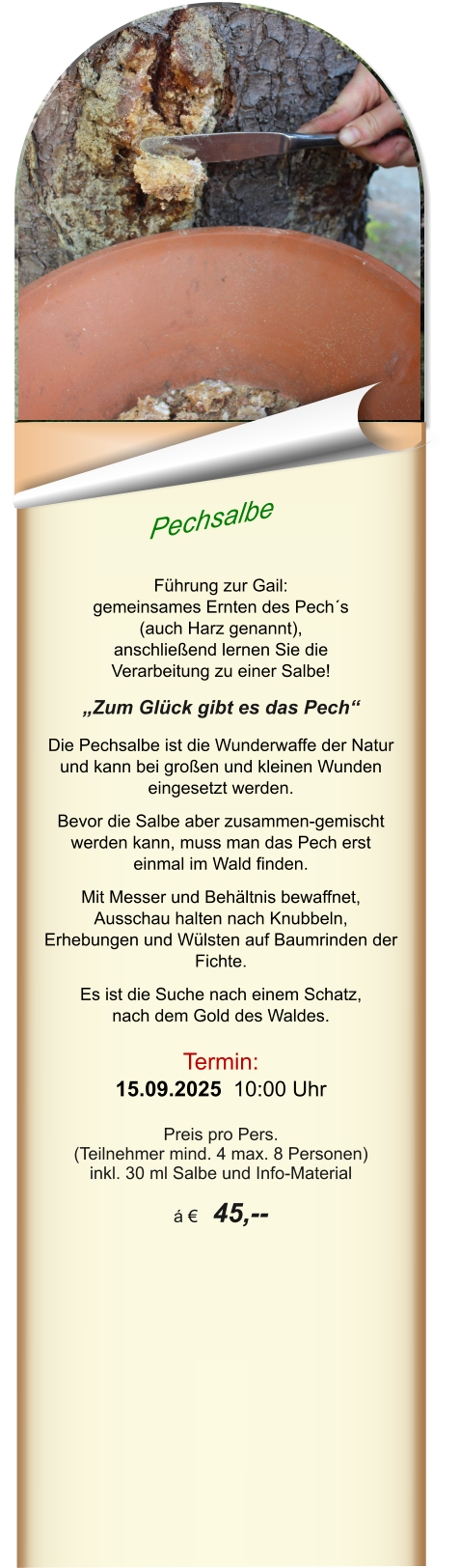 Pechsalbe  Führung zur Gail: gemeinsames Ernten des Pech´s  (auch Harz genannt), anschließend lernen Sie die  Verarbeitung zu einer Salbe!  „Zum Glück gibt es das Pech“  Die Pechsalbe ist die Wunderwaffe der Natur und kann bei großen und kleinen Wunden eingesetzt werden.   Bevor die Salbe aber zusammen-gemischt werden kann, muss man das Pech erst einmal im Wald finden.   Mit Messer und Behältnis bewaffnet,  Ausschau halten nach Knubbeln,  Erhebungen und Wülsten auf Baumrinden der Fichte.   Es ist die Suche nach einem Schatz,  nach dem Gold des Waldes.  Termin: 15.09.2025  10:00 Uhr  Preis pro Pers.  (Teilnehmer mind. 4 max. 8 Personen) inkl. 30 ml Salbe und Info-Material  á €  45,--